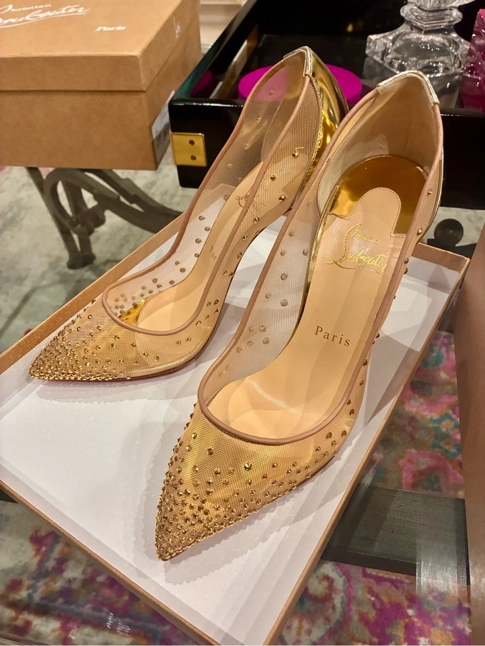 Christian Louboutin Sheer Gold Mesh Crystal-Embellished Pointed Pumps